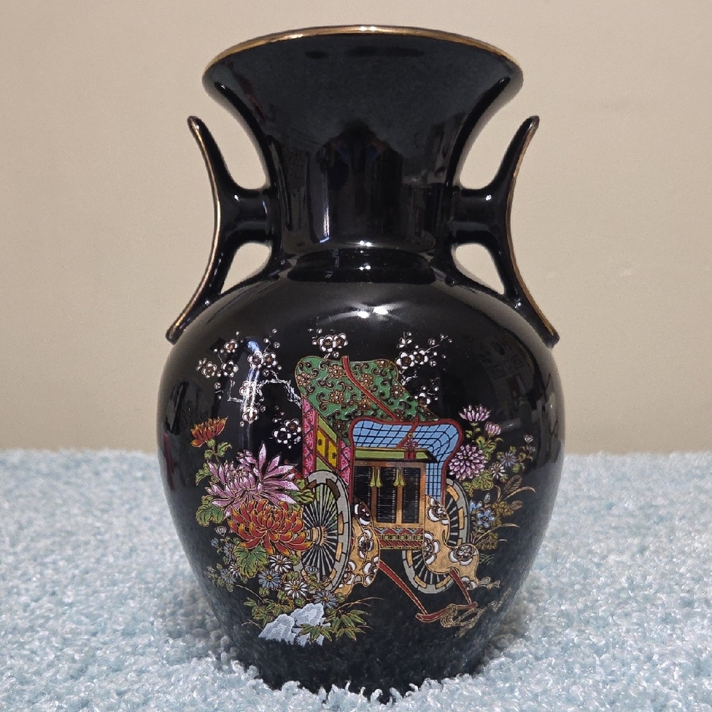 Black Ceramic Vase with Colorful Floral Design